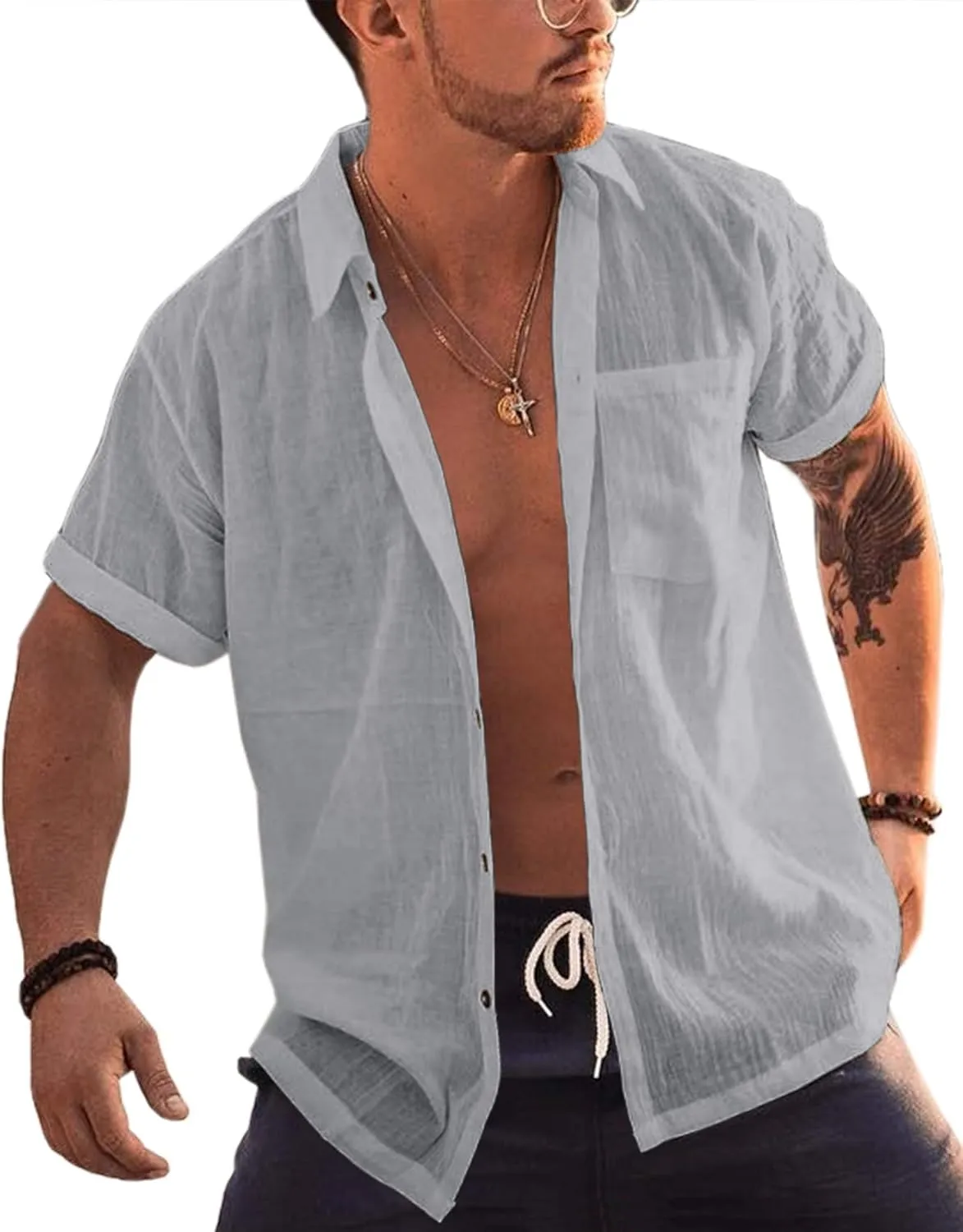 Bbalizko Mens Short Sleeve Button Up Shirts Linen Cotton Beach Tops Spread Collar Plain Summer T Shirt with Pocket