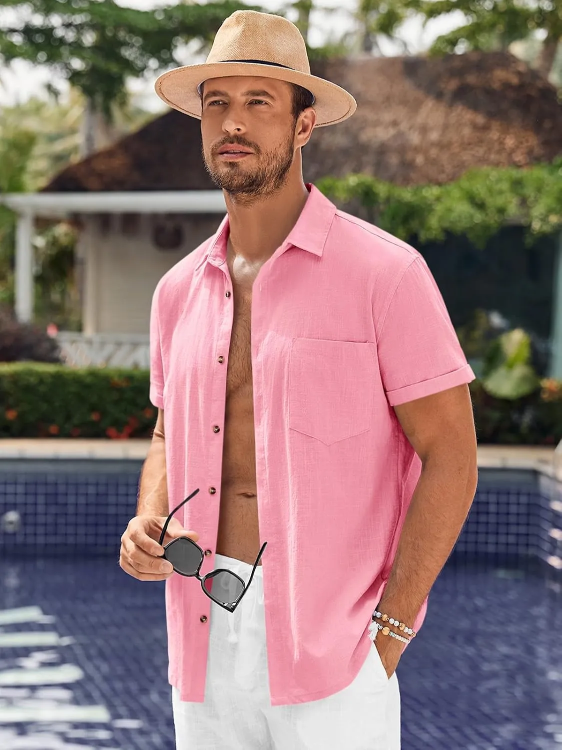 Bbalizko Mens Short Sleeve Button Up Shirts Linen Cotton Beach Tops Spread Collar Plain Summer T Shirt with Pocket