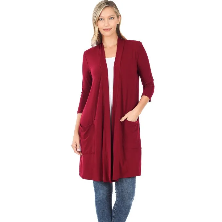 Beautifully Basic 3/4 Sleeve Slouchy Pocket Open Cardigan - Cabernet