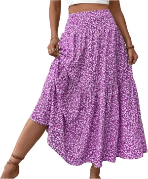 Boho Maxi Skirts for Women Summer 2025 Beach Floral Skirt Elastic High Waist Flowy Vacation Skirts with Pockets