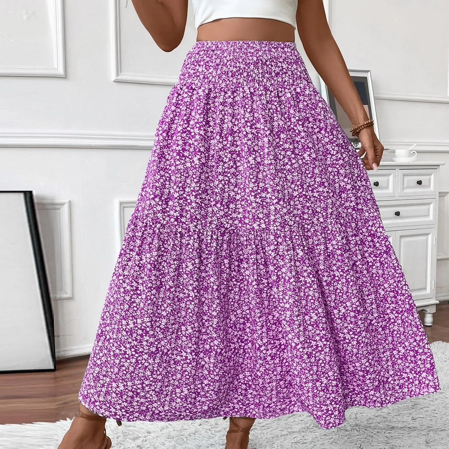 Boho Maxi Skirts for Women Summer 2025 Beach Floral Skirt Elastic High Waist Flowy Vacation Skirts with Pockets