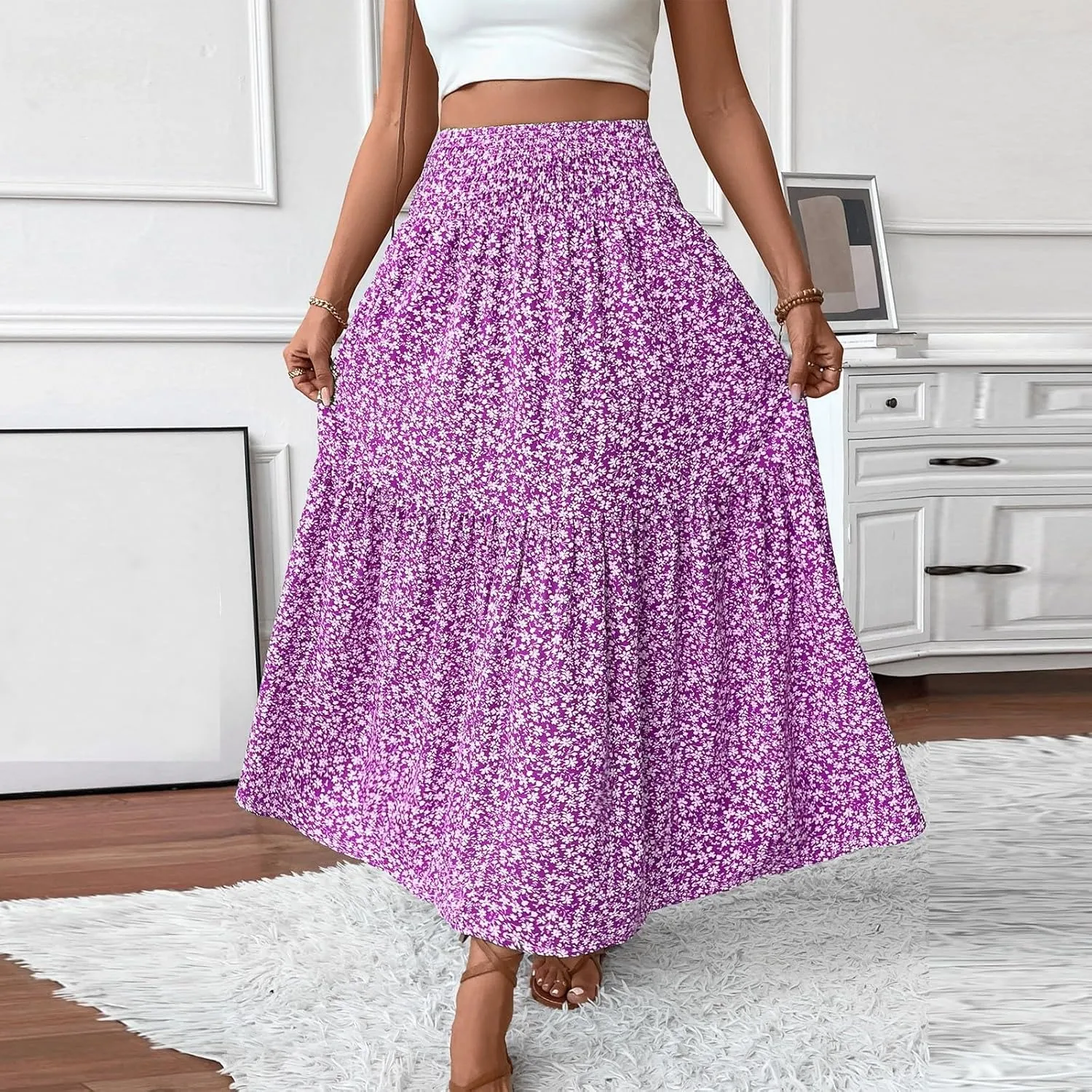Boho Maxi Skirts for Women Summer 2025 Beach Floral Skirt Elastic High Waist Flowy Vacation Skirts with Pockets