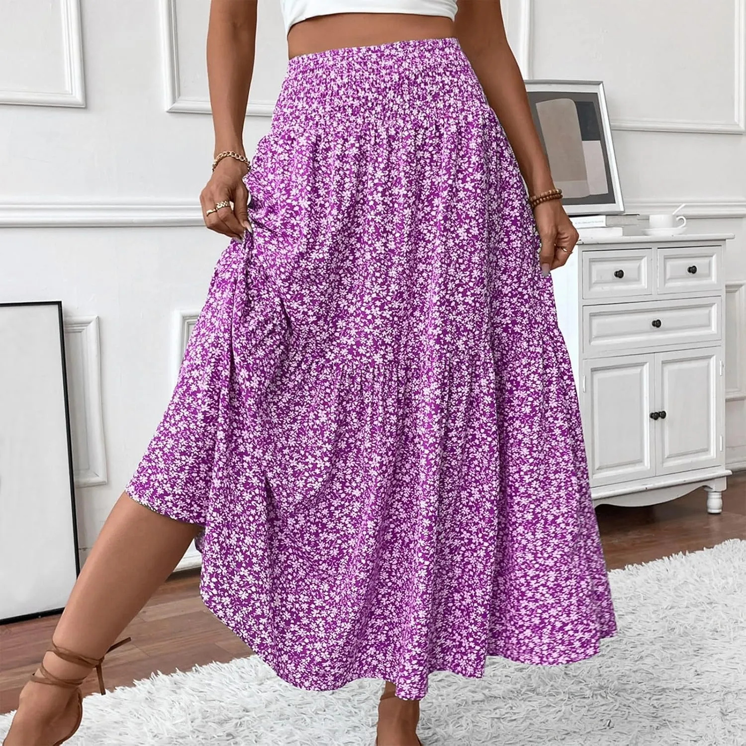 Boho Maxi Skirts for Women Summer 2025 Beach Floral Skirt Elastic High Waist Flowy Vacation Skirts with Pockets