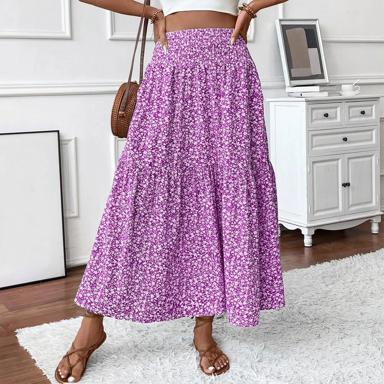 Boho Maxi Skirts for Women Summer 2025 Beach Floral Skirt Elastic High Waist Flowy Vacation Skirts with Pockets