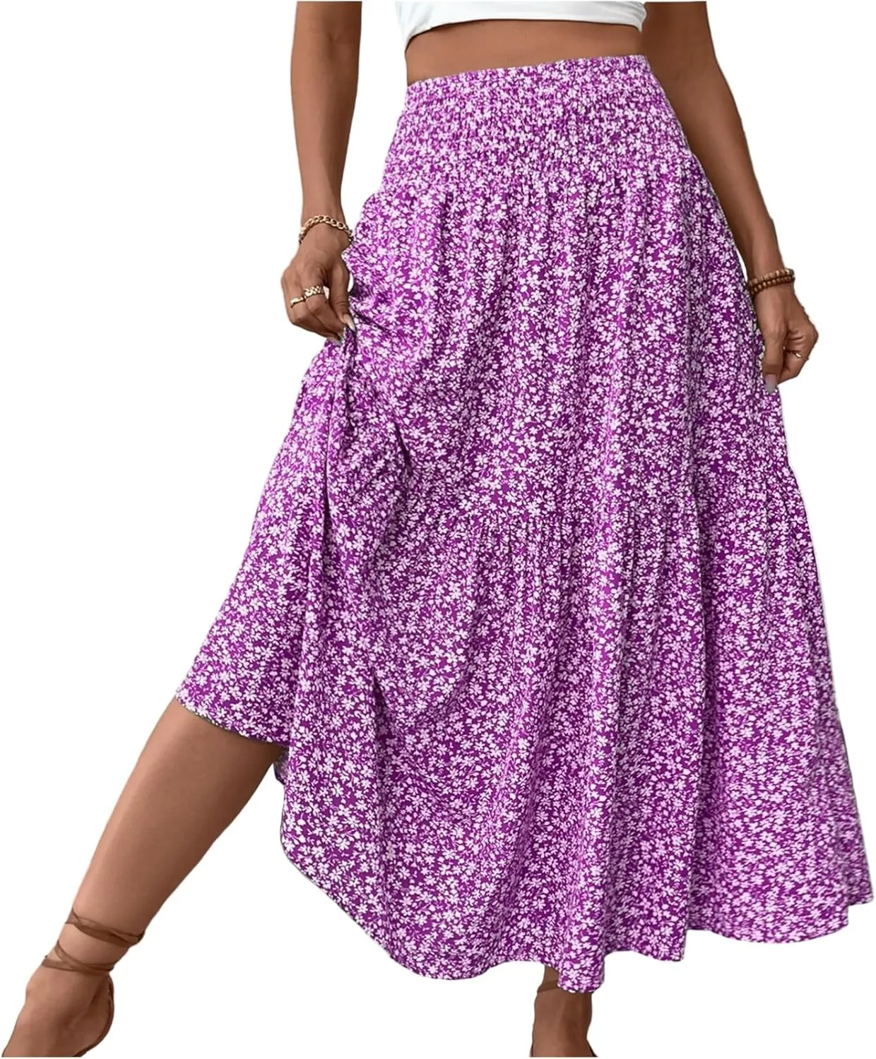 Boho Maxi Skirts for Women Summer 2025 Beach Floral Skirt Elastic High Waist Flowy Vacation Skirts with Pockets