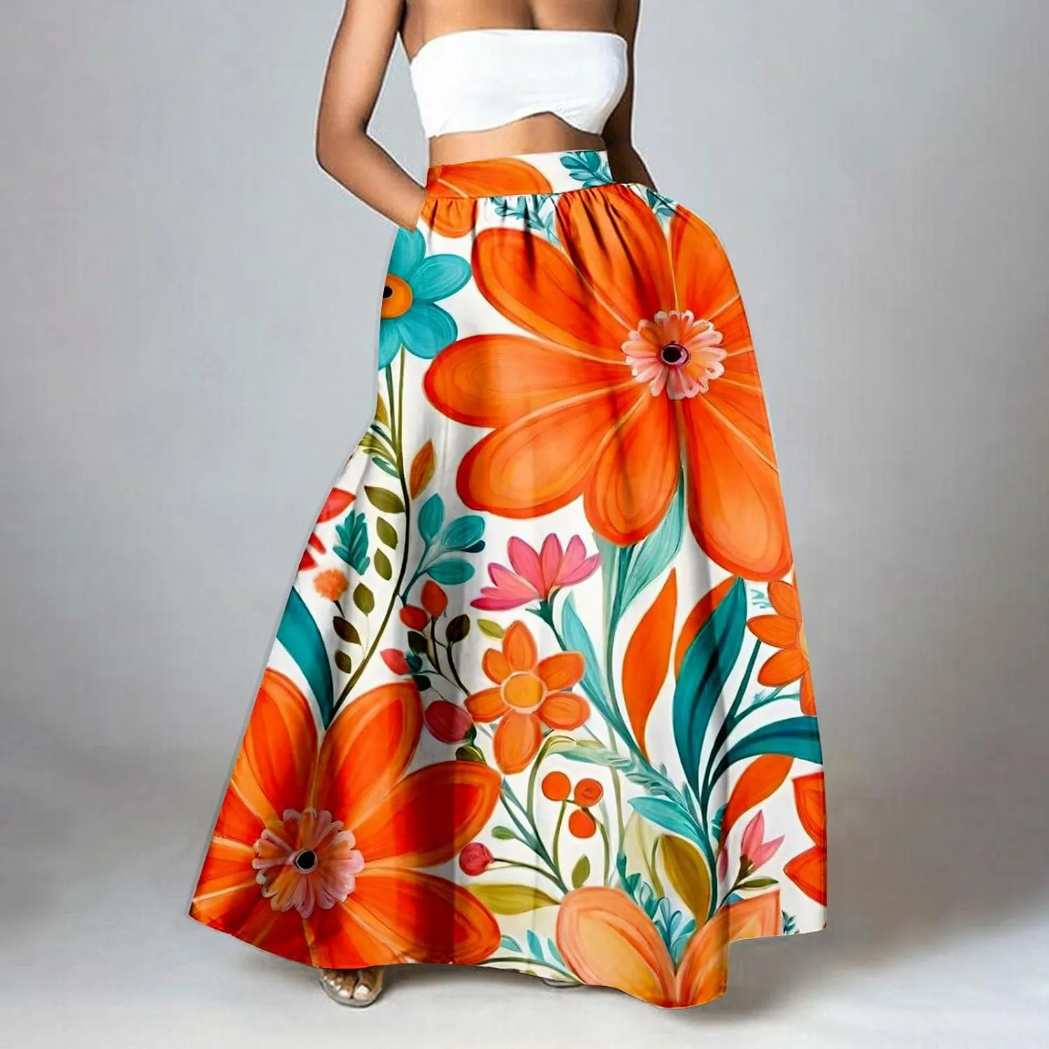 Boho Skirts for Women 2025 Maxi Summer Trendy Beach Floral Printed Elastic High Waisted A Line Long Bubble Skirts