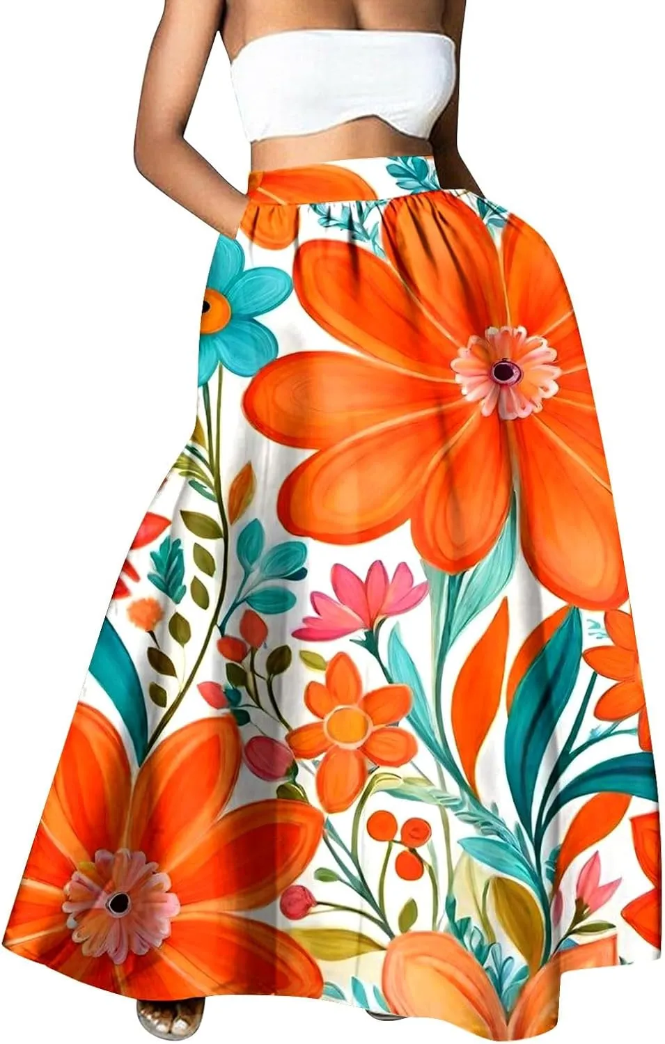 Boho Skirts for Women 2025 Maxi Summer Trendy Beach Floral Printed Elastic High Waisted A Line Long Bubble Skirts