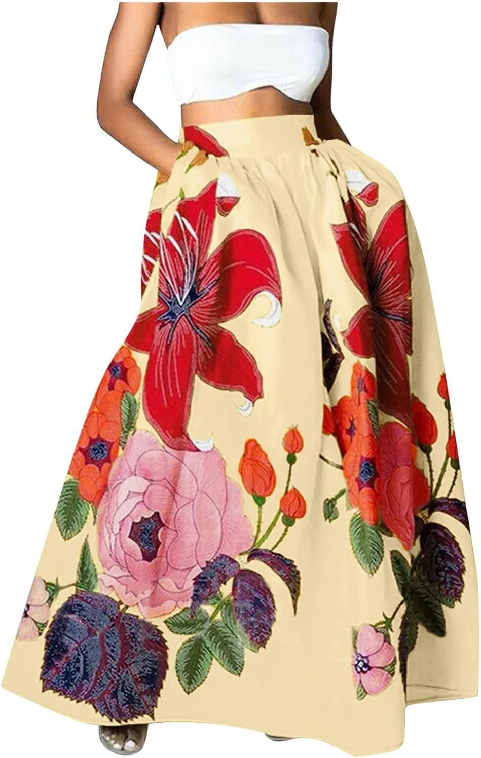 Boho Skirts for Women 2025 Maxi Summer Trendy Beach Floral Printed Elastic High Waisted A Line Long Bubble Skirts
