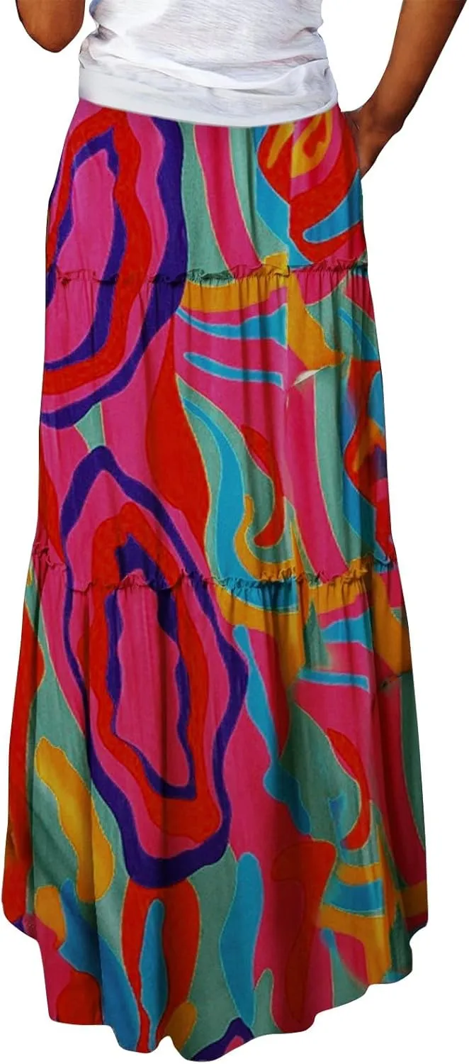 Boho Summer Skirts for Women 2025 Beach Floral Skirt Elastic High Waist Casual Flowy Maxi Skirts with Pockets