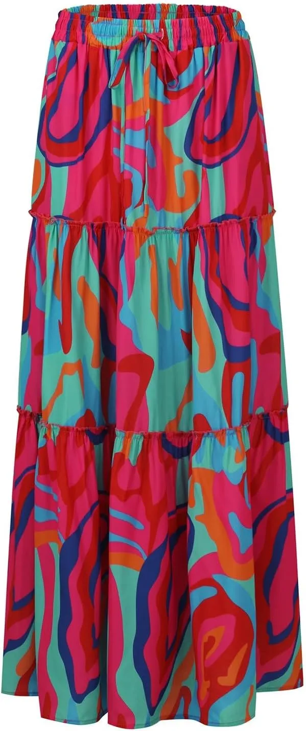Boho Summer Skirts for Women 2025 Beach Floral Skirt Elastic High Waist Casual Flowy Maxi Skirts with Pockets
