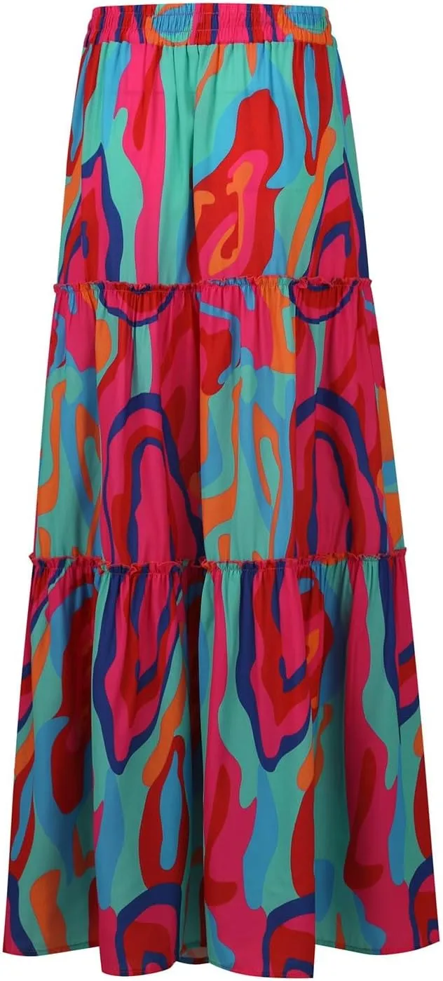 Boho Summer Skirts for Women 2025 Beach Floral Skirt Elastic High Waist Casual Flowy Maxi Skirts with Pockets