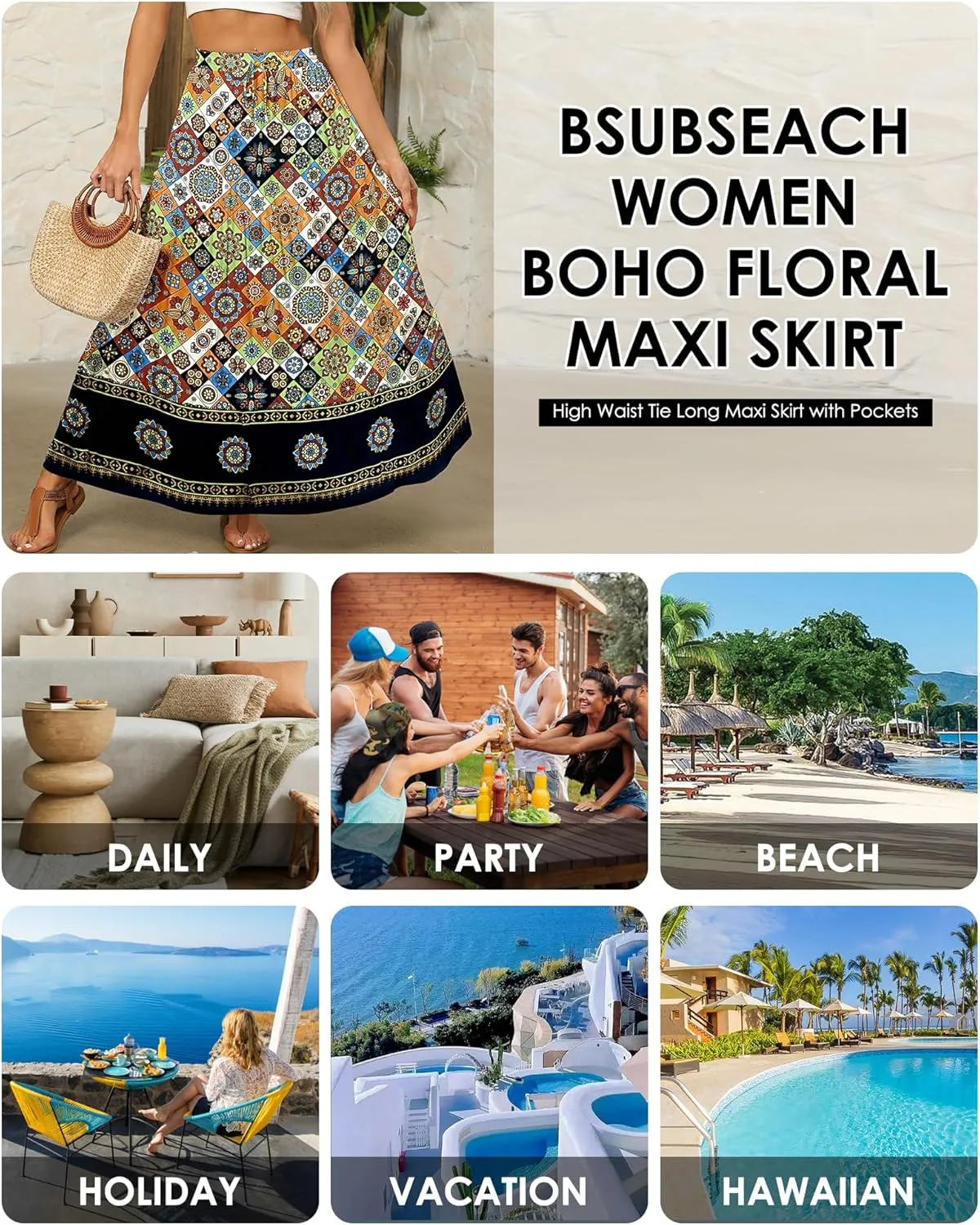 Bsubseach Skirts for Women Summer 2025 Boho Pleated Flowy Long Skirts Casual A Line Floral Maxi Skirt with Pockets