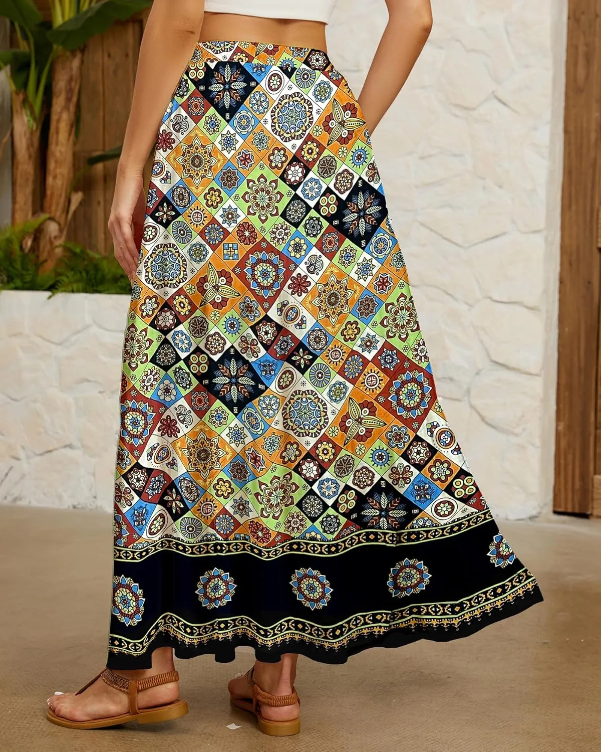 Bsubseach Skirts for Women Summer 2025 Boho Pleated Flowy Long Skirts Casual A Line Floral Maxi Skirt with Pockets