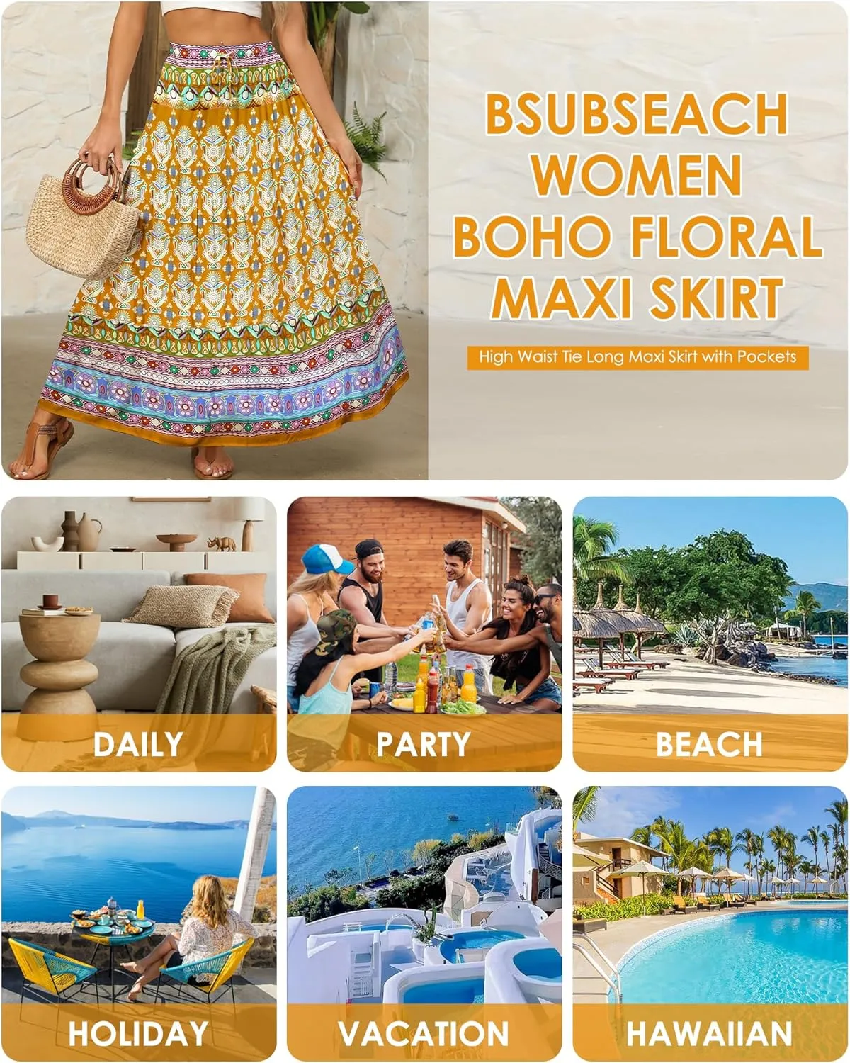 Bsubseach Skirts for Women Summer 2025 Boho Pleated Flowy Long Skirts Casual A Line Floral Maxi Skirt with Pockets