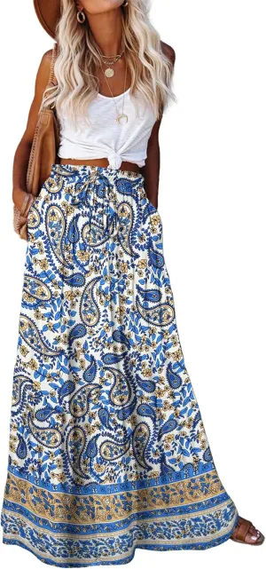 Bsubseach Skirts for Women Summer 2025 Boho Pleated Flowy Long Skirts Casual A Line Floral Maxi Skirt with Pockets