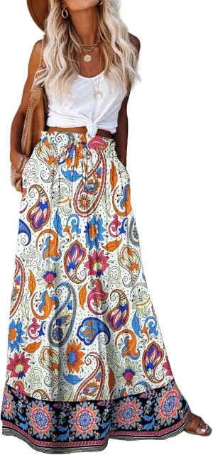 Bsubseach Skirts for Women Summer 2025 Boho Pleated Flowy Long Skirts Casual A Line Floral Maxi Skirt with Pockets