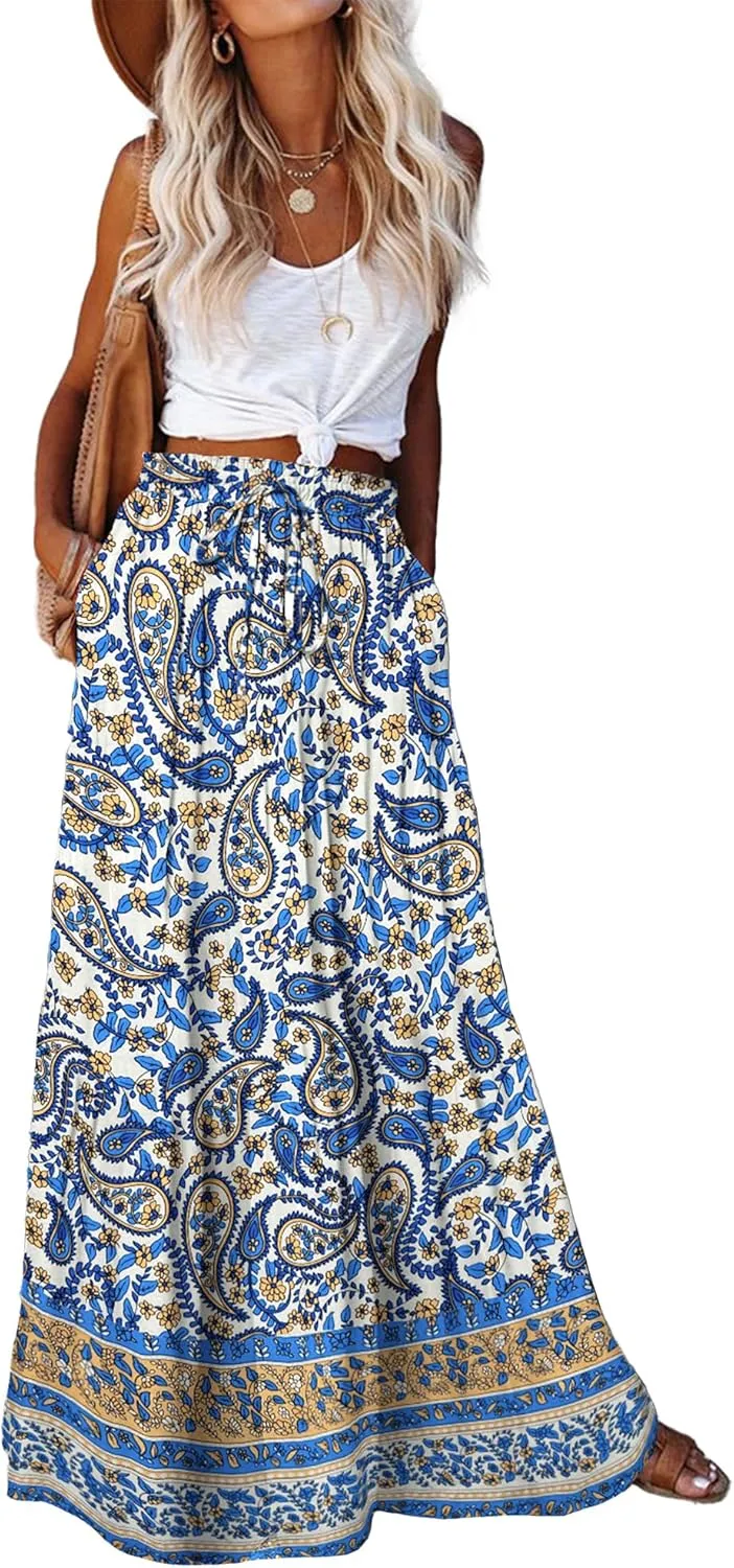 Bsubseach Skirts for Women Summer 2025 Boho Pleated Flowy Long Skirts Casual A Line Floral Maxi Skirt with Pockets