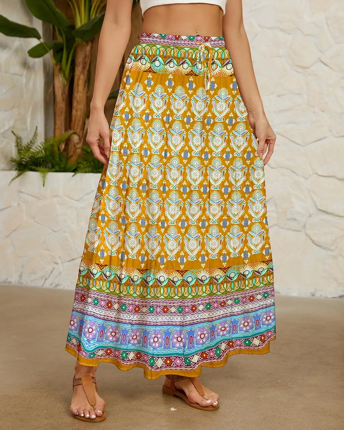 Bsubseach Skirts for Women Summer 2025 Boho Pleated Flowy Long Skirts Casual A Line Floral Maxi Skirt with Pockets