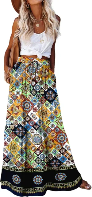 Bsubseach Skirts for Women Summer 2025 Boho Pleated Flowy Long Skirts Casual A Line Floral Maxi Skirt with Pockets