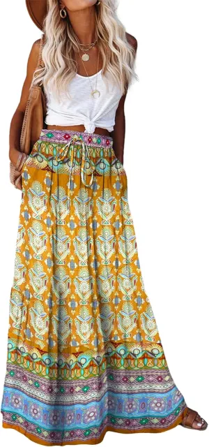 Bsubseach Skirts for Women Summer 2025 Boho Pleated Flowy Long Skirts Casual A Line Floral Maxi Skirt with Pockets