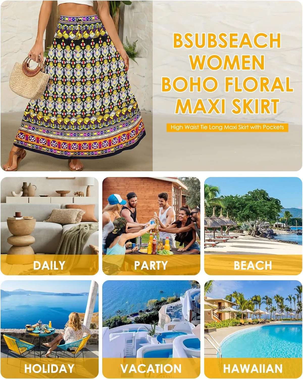 Bsubseach Skirts for Women Summer 2025 Boho Pleated Flowy Long Skirts Casual A Line Floral Maxi Skirt with Pockets