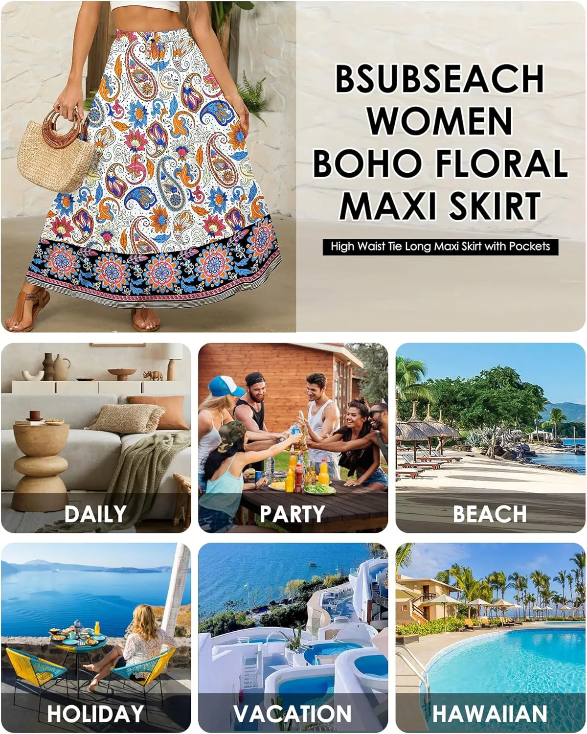 Bsubseach Skirts for Women Summer 2025 Boho Pleated Flowy Long Skirts Casual A Line Floral Maxi Skirt with Pockets
