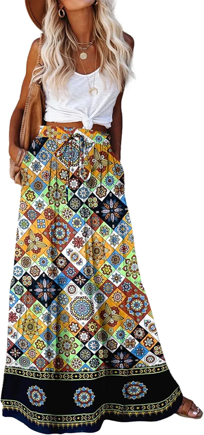 Bsubseach Skirts for Women Summer 2025 Boho Pleated Flowy Long Skirts Casual A Line Floral Maxi Skirt with Pockets