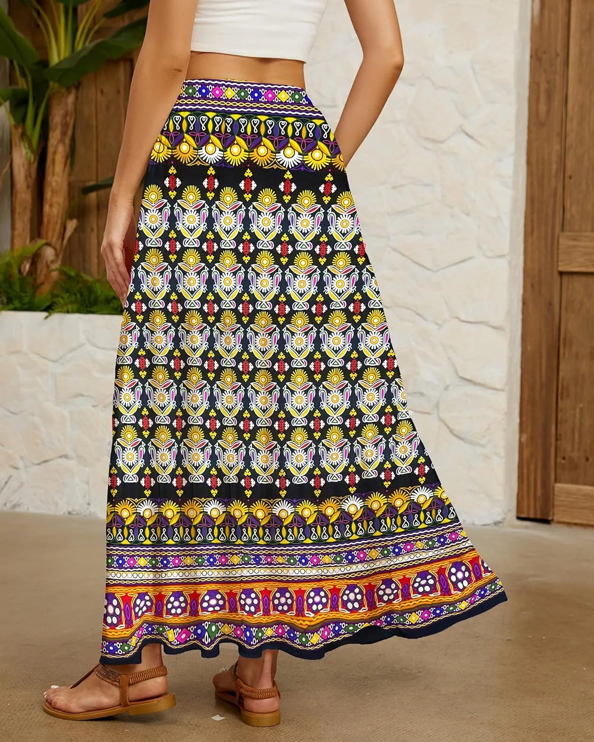 Bsubseach Skirts for Women Summer 2025 Boho Pleated Flowy Long Skirts Casual A Line Floral Maxi Skirt with Pockets