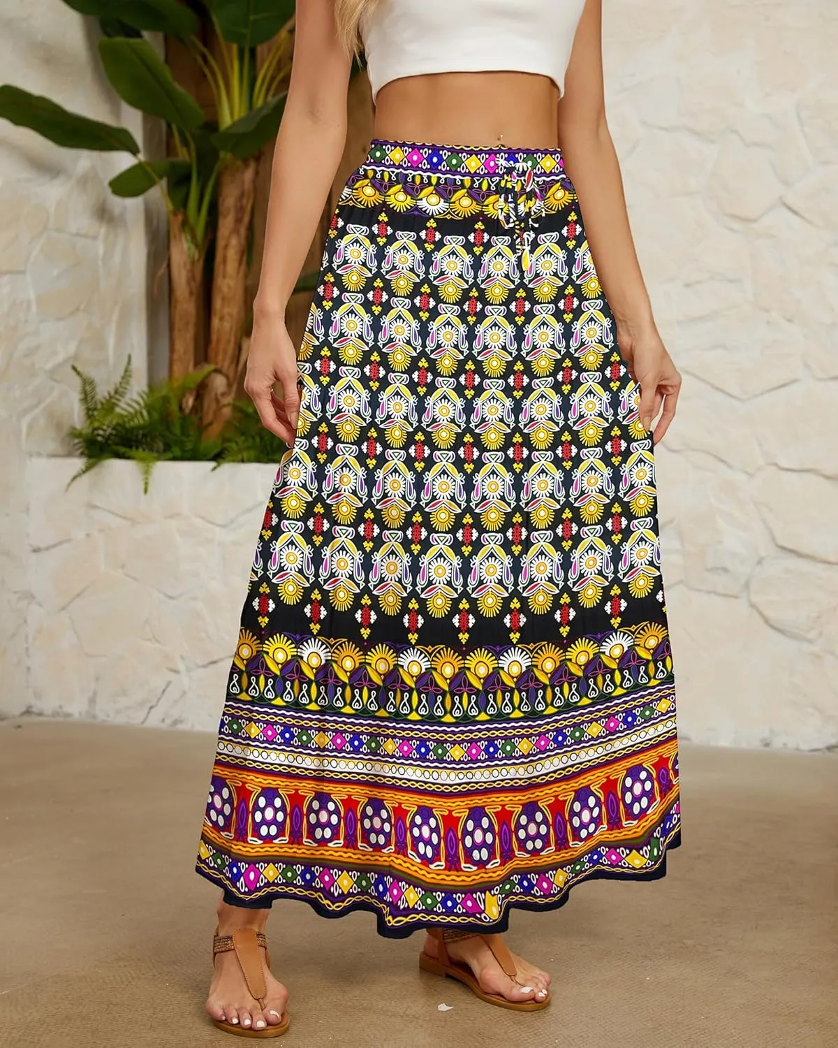Bsubseach Skirts for Women Summer 2025 Boho Pleated Flowy Long Skirts Casual A Line Floral Maxi Skirt with Pockets