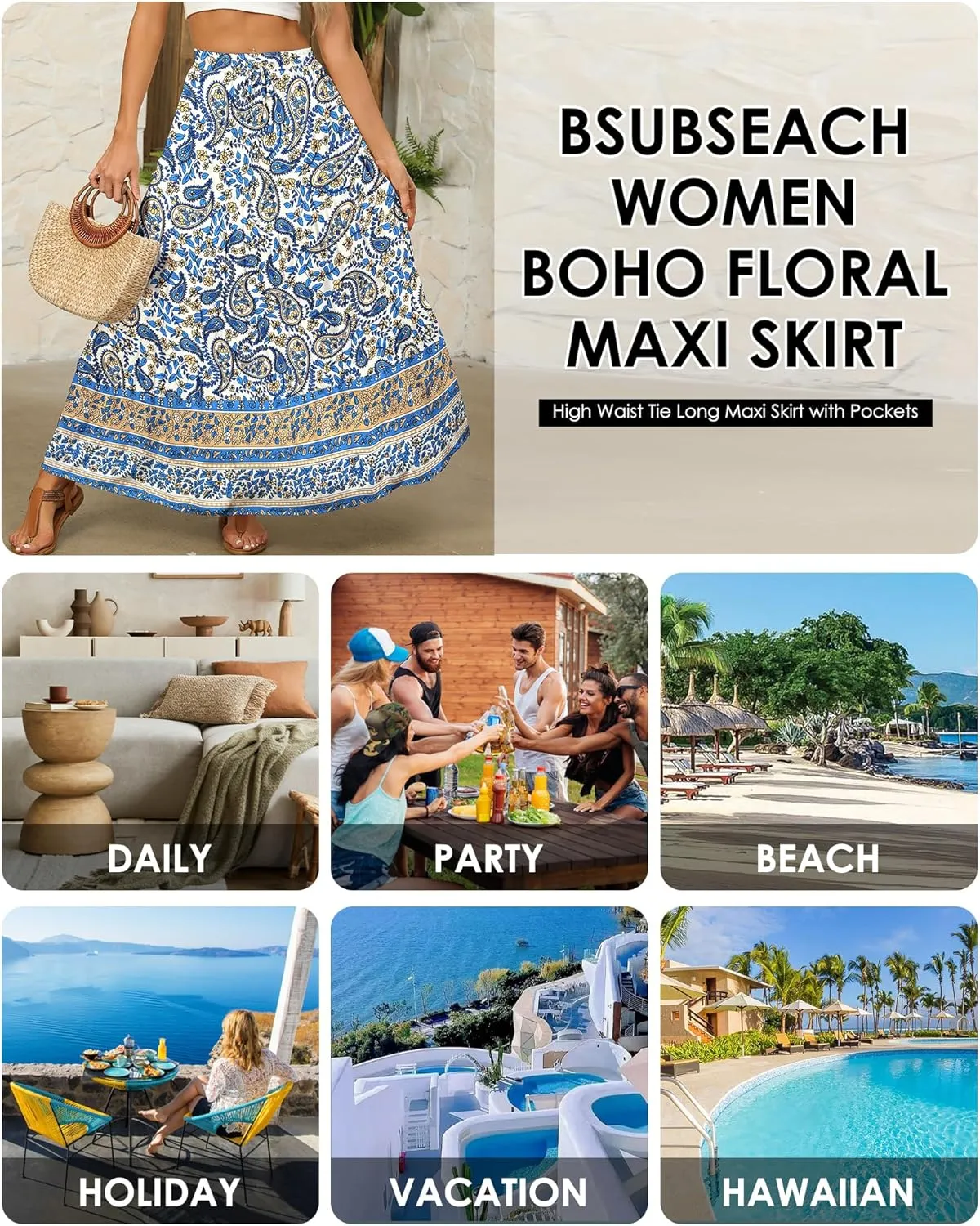 Bsubseach Skirts for Women Summer 2025 Boho Pleated Flowy Long Skirts Casual A Line Floral Maxi Skirt with Pockets