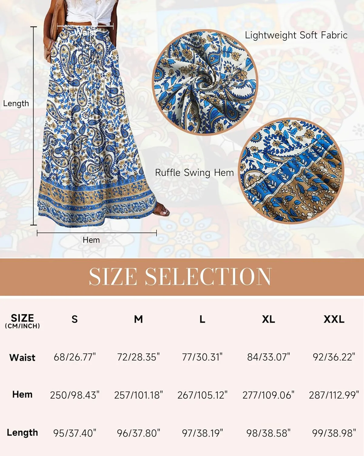 Bsubseach Skirts for Women Summer 2025 Boho Pleated Flowy Long Skirts Casual A Line Floral Maxi Skirt with Pockets