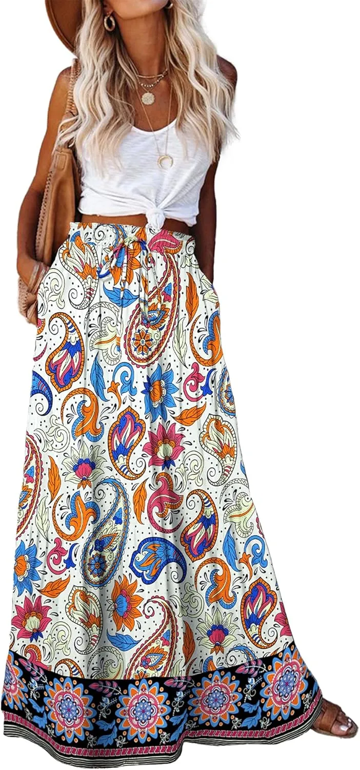 Bsubseach Skirts for Women Summer 2025 Boho Pleated Flowy Long Skirts Casual A Line Floral Maxi Skirt with Pockets