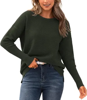 BTFBM Casual Women 2025 Fall Sweater Long Sleeve Ribbed Knit Pullover Loose Crewneck Batwing Split Sweater