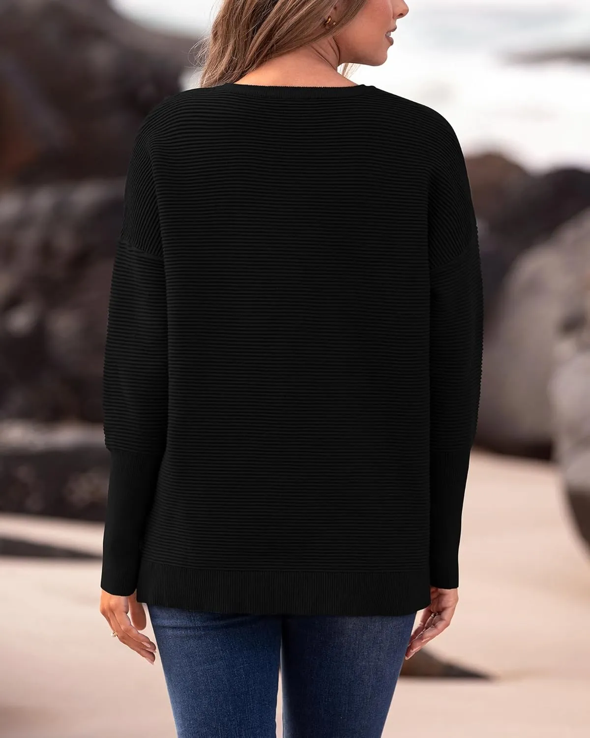 BTFBM Casual Women 2025 Fall Sweater Long Sleeve Ribbed Knit Pullover Loose Crewneck Batwing Split Sweater