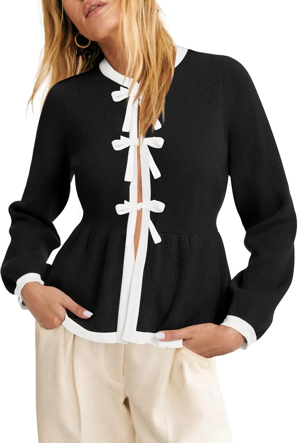 BZB Tie Front Cardigan Sweaters for Women Color Block Puff Sleeve Babydoll Knitted Cardigans Fall Outerwear Clothes