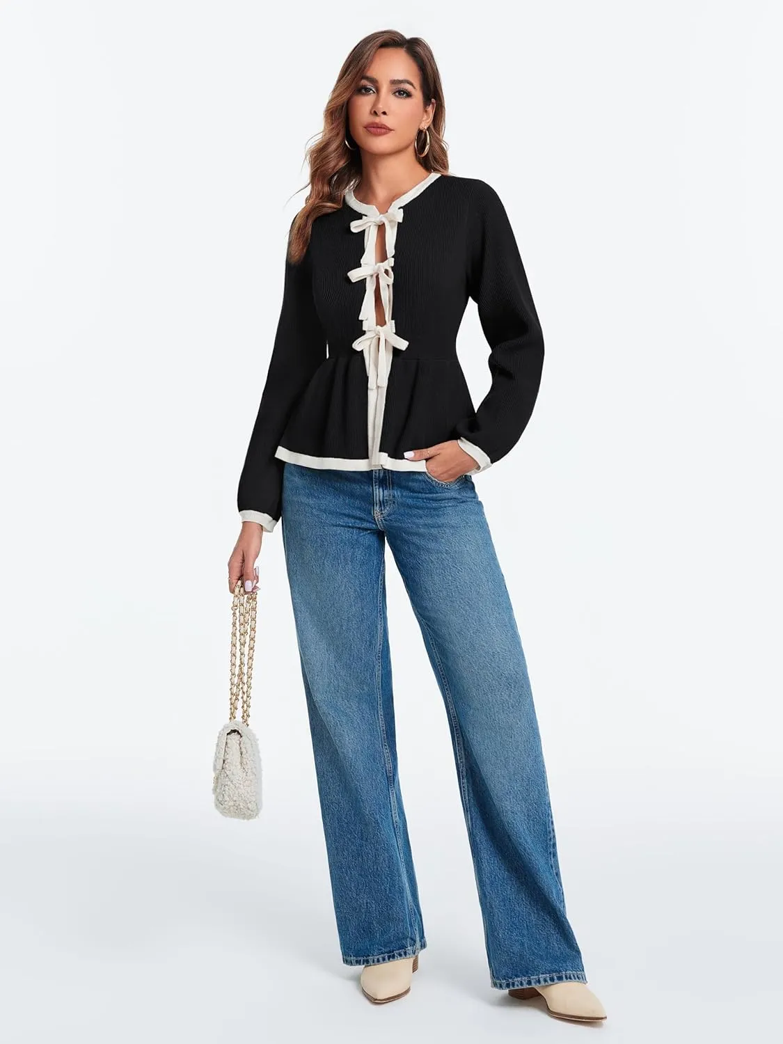 BZB Tie Front Cardigan Sweaters for Women Color Block Puff Sleeve Babydoll Knitted Cardigans Fall Outerwear Clothes