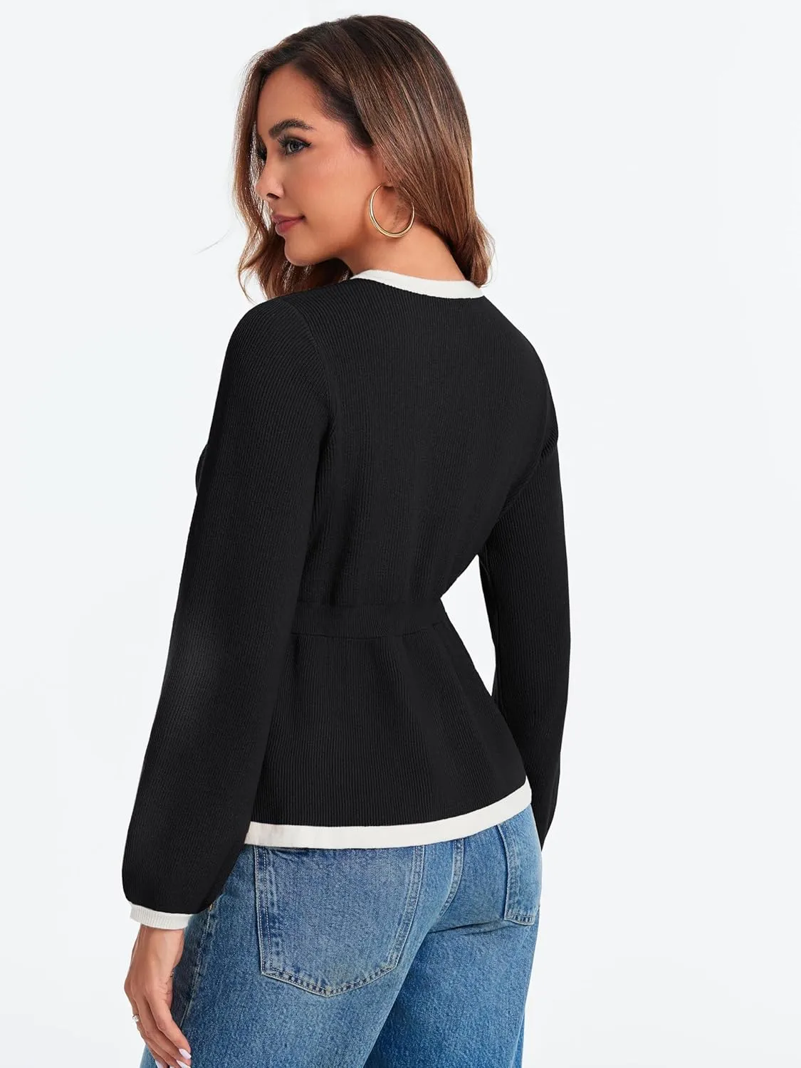BZB Tie Front Cardigan Sweaters for Women Color Block Puff Sleeve Babydoll Knitted Cardigans Fall Outerwear Clothes