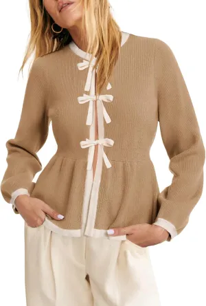 BZB Tie Front Cardigan Sweaters for Women Color Block Puff Sleeve Babydoll Knitted Cardigans Fall Outerwear Clothes