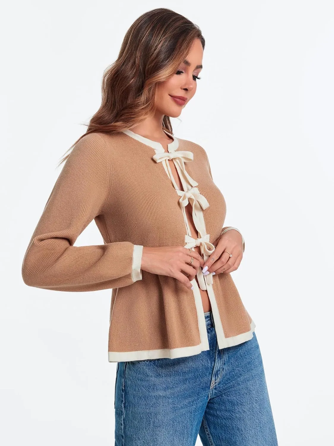 BZB Tie Front Cardigan Sweaters for Women Color Block Puff Sleeve Babydoll Knitted Cardigans Fall Outerwear Clothes