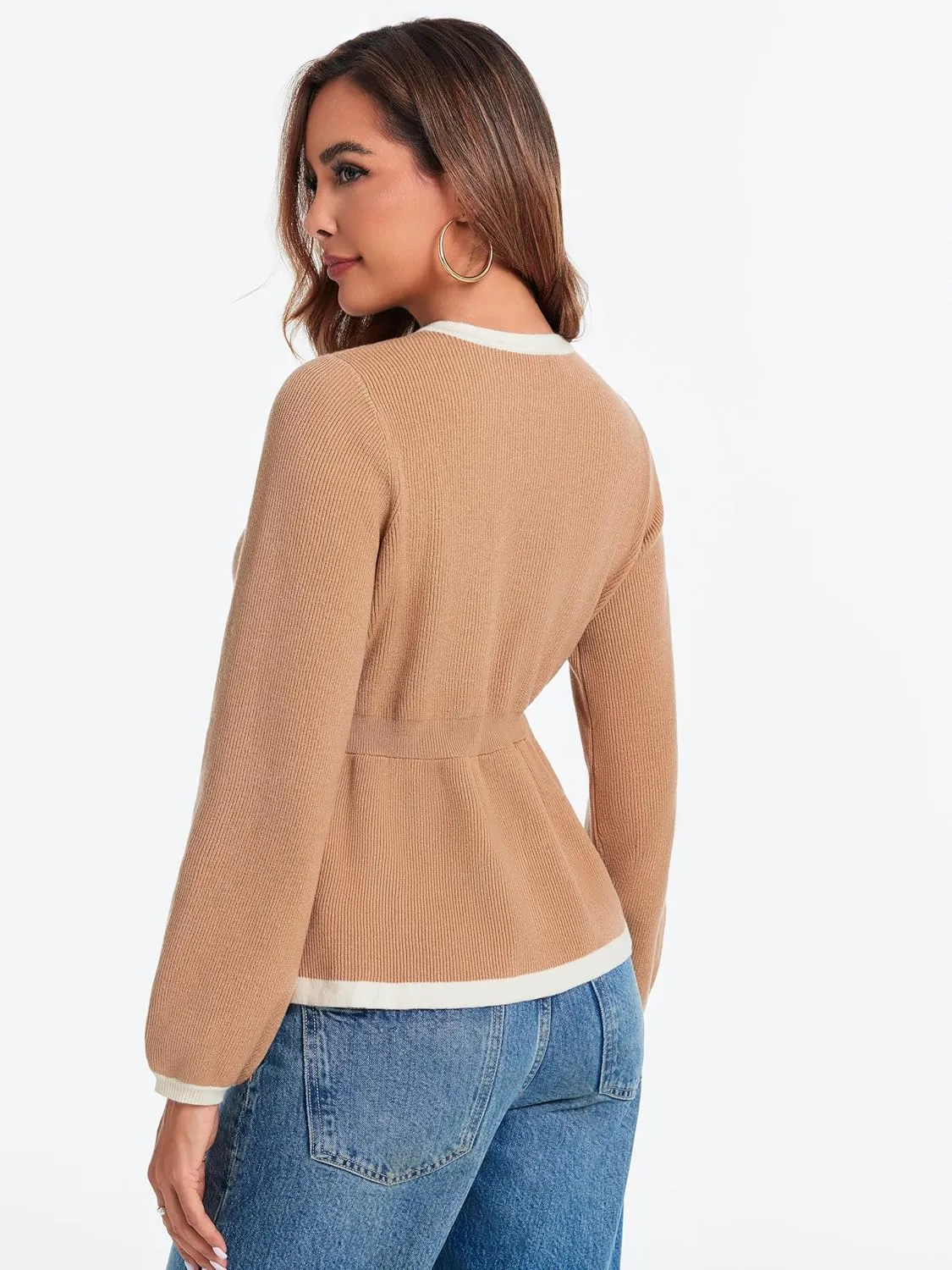BZB Tie Front Cardigan Sweaters for Women Color Block Puff Sleeve Babydoll Knitted Cardigans Fall Outerwear Clothes