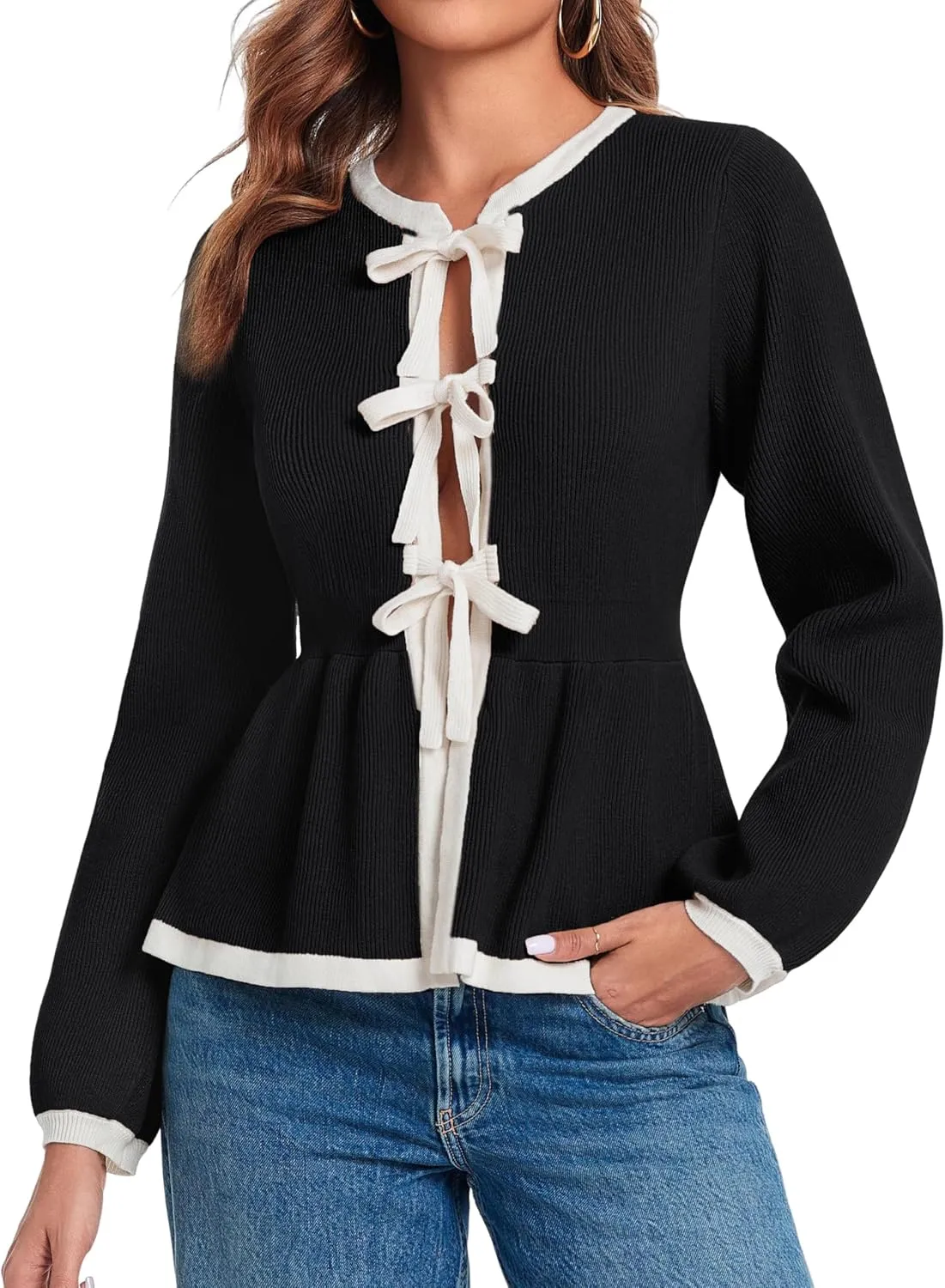 BZB Tie Front Cardigan Sweaters for Women Color Block Puff Sleeve Babydoll Knitted Cardigans Fall Outerwear Clothes