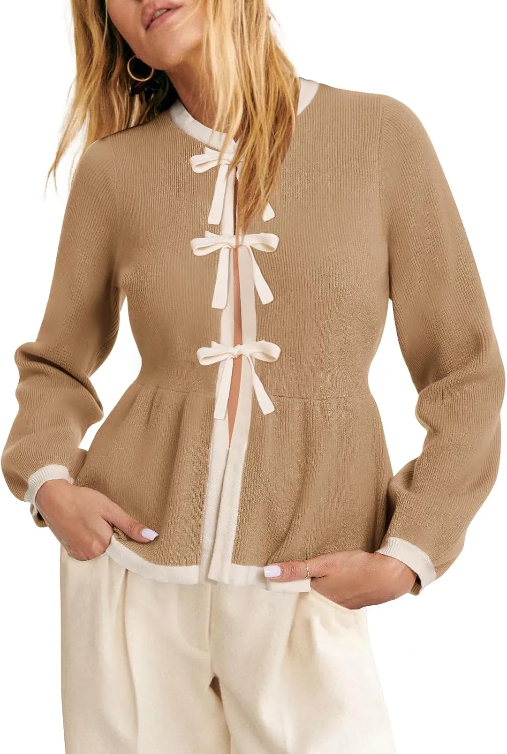 BZB Tie Front Cardigan Sweaters for Women Color Block Puff Sleeve Babydoll Knitted Cardigans Fall Outerwear Clothes