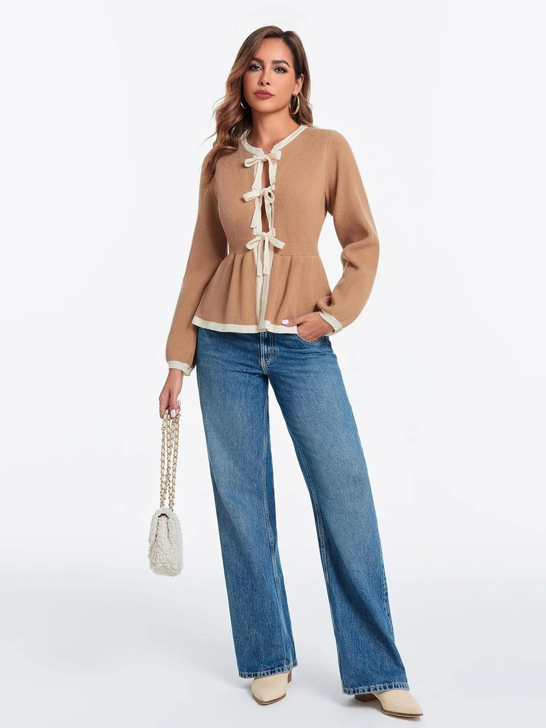 BZB Tie Front Cardigan Sweaters for Women Color Block Puff Sleeve Babydoll Knitted Cardigans Fall Outerwear Clothes