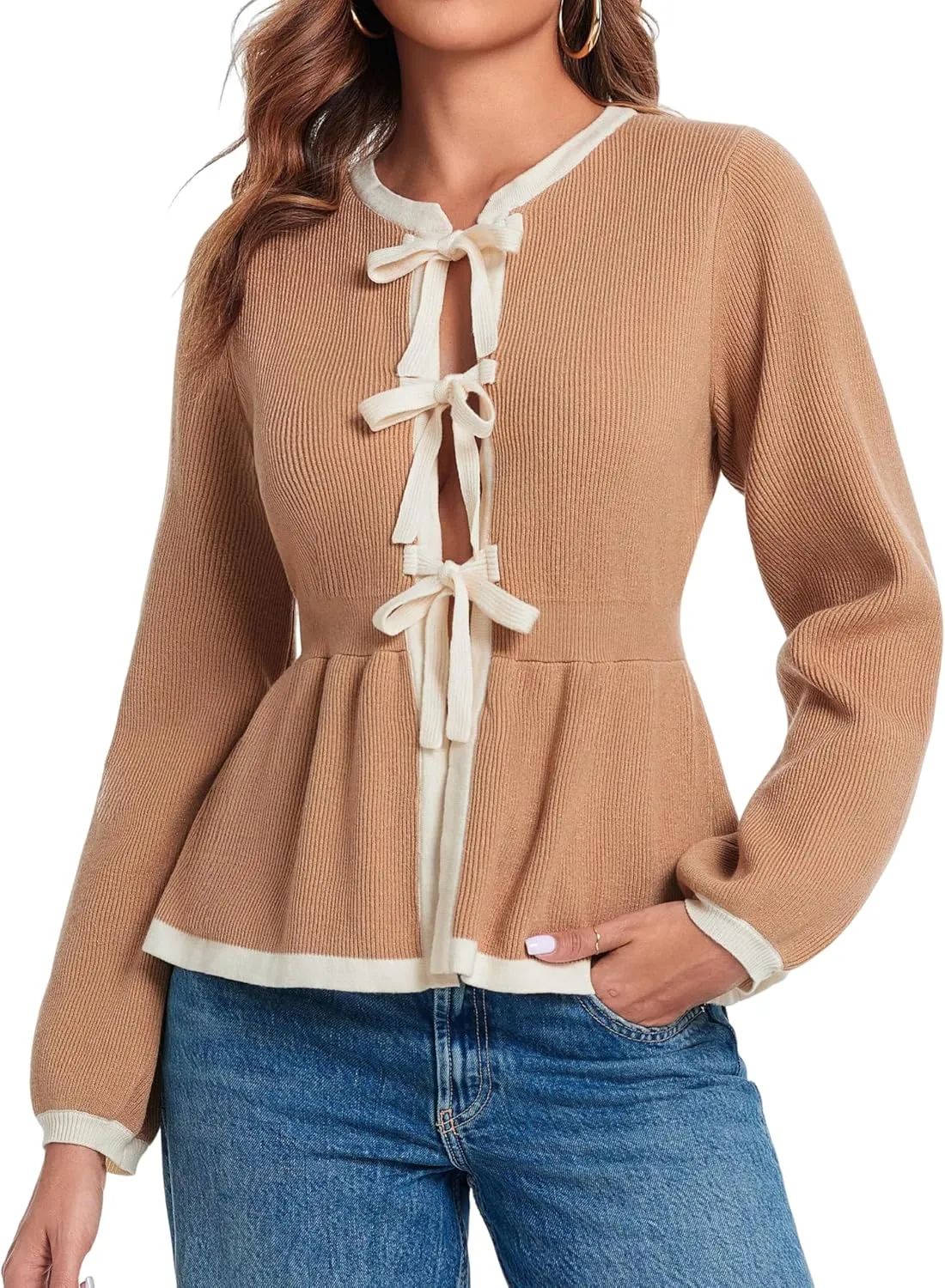 BZB Tie Front Cardigan Sweaters for Women Color Block Puff Sleeve Babydoll Knitted Cardigans Fall Outerwear Clothes