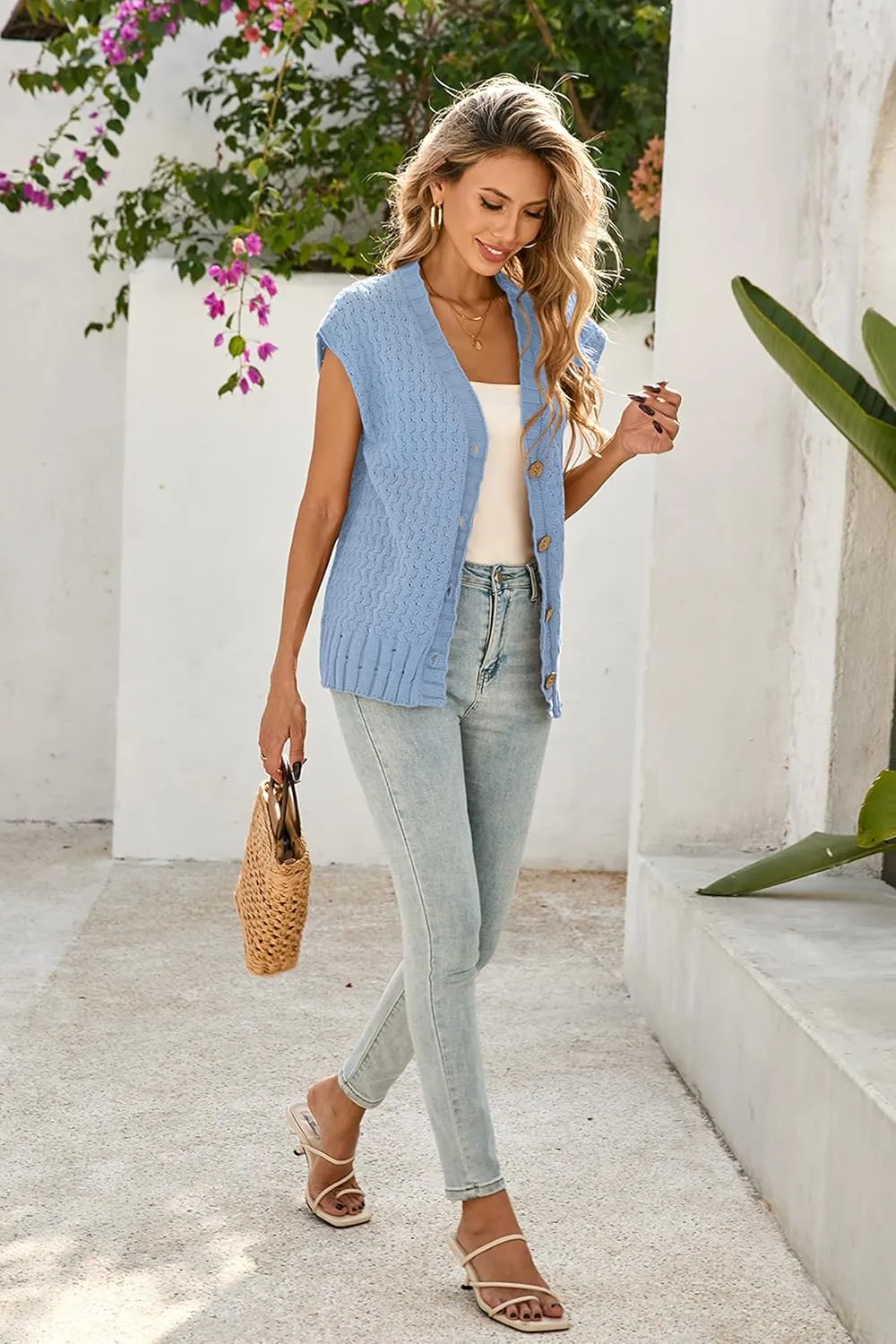 Cakulo Womens Cable Knit Sweater Vest 2025 Oversized Sleeveless Button Down Summer Cardigan Sweaters Tops