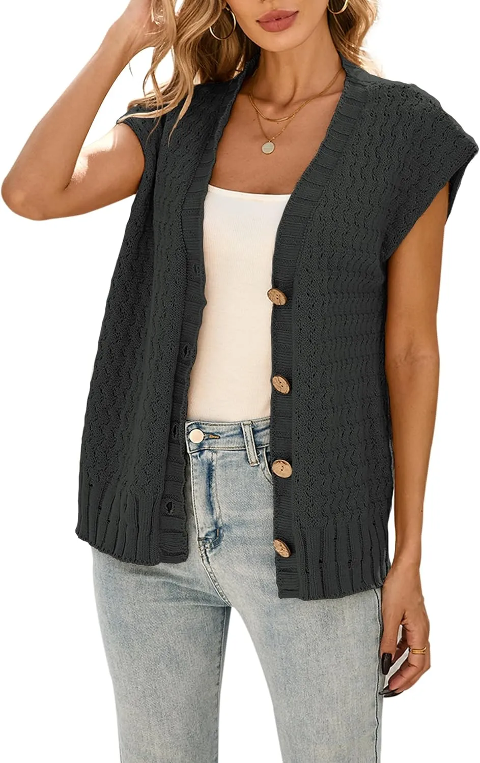 Cakulo Womens Cable Knit Sweater Vest 2025 Oversized Sleeveless Button Down Summer Cardigan Sweaters Tops