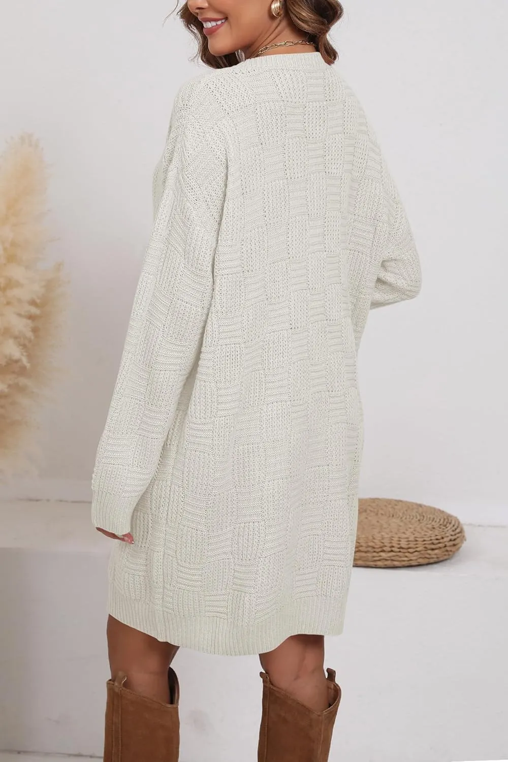 Cakulo Womens Oversized Checkered Sweater Dress 2024 Fall Long Pullover Chunky Sweaters Trendy Crewneck Knit Dresses
