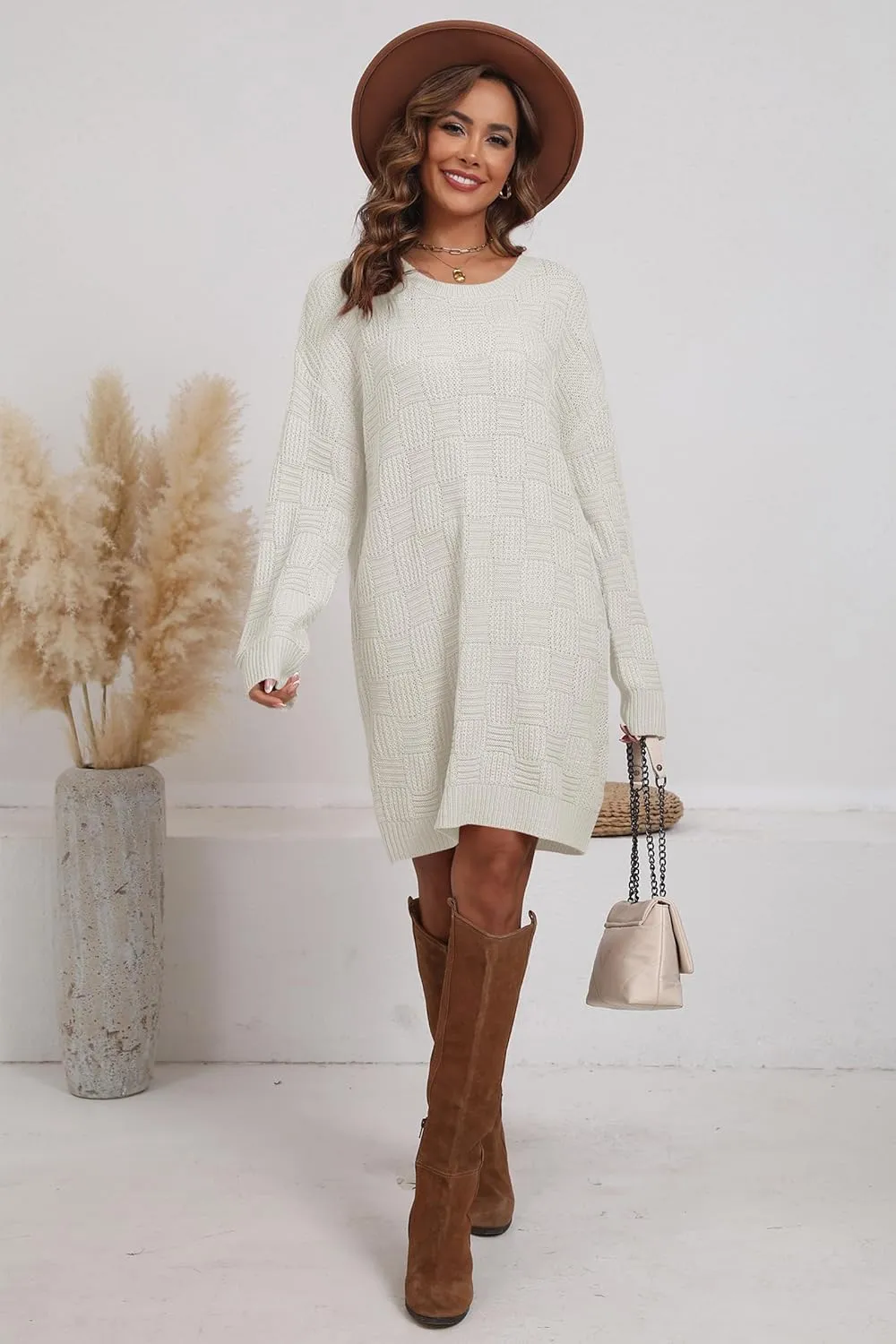 Cakulo Womens Oversized Checkered Sweater Dress 2024 Fall Long Pullover Chunky Sweaters Trendy Crewneck Knit Dresses