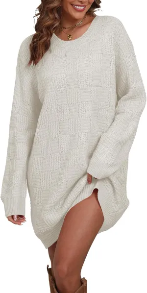 Cakulo Womens Oversized Checkered Sweater Dress 2024 Fall Long Pullover Chunky Sweaters Trendy Crewneck Knit Dresses