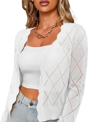 CARDYDONY Women's Long Sleeve Cropped Cardigan Sweaters Open Front Hollow Out Shrugs S-XL